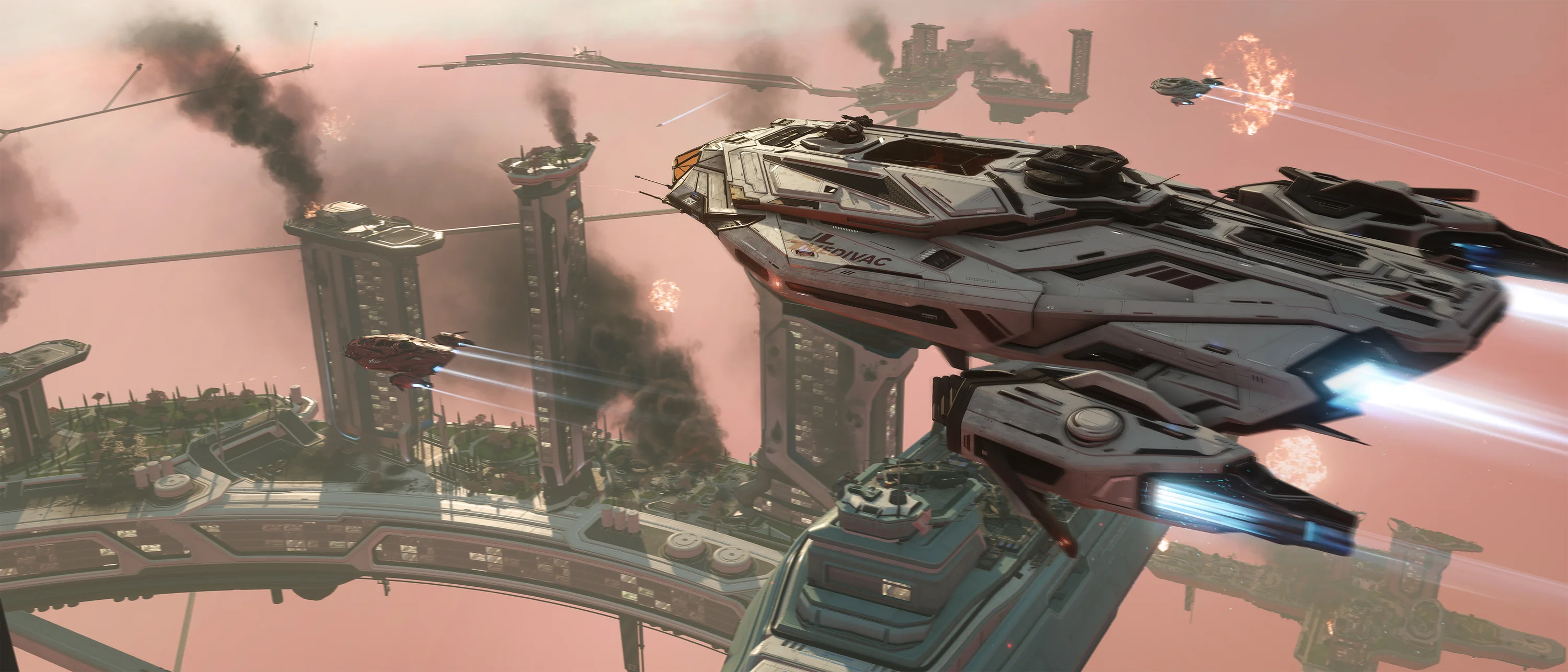 Official Star Citizen artwork showing a medical ship approaching a damaged Orison