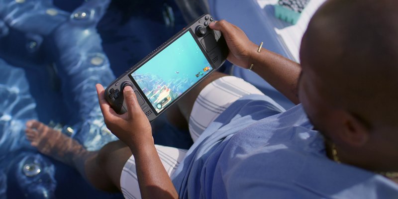 Official Valve press image of a Steam Deck OLED being used to play Dave the Diver.