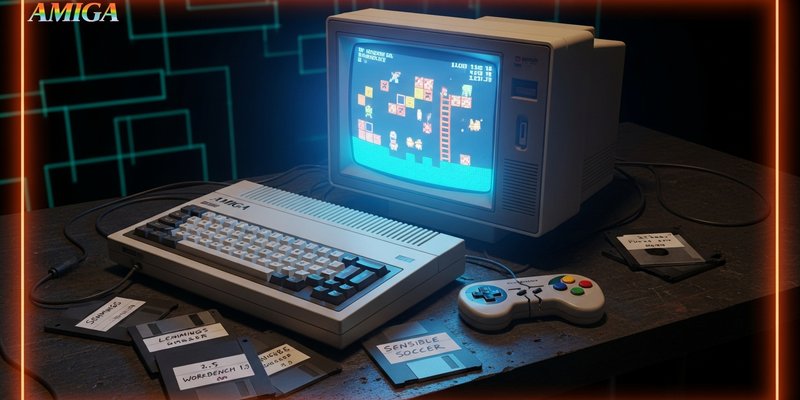 A glowing retro CRT monitor displaying an isometric 16-bit game next to an Amiga 500 computer and floppy disks.