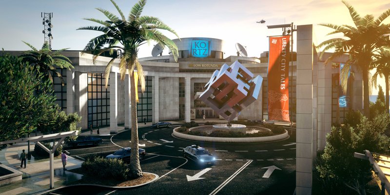 Official Rockstar Games artwork for GTA Online: The Kortz Center Heist showing the Kortz Center art-gallery job.