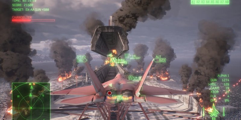 Official Ace Combat 8 screenshot of an online dogfight above a burning aircraft carrier.