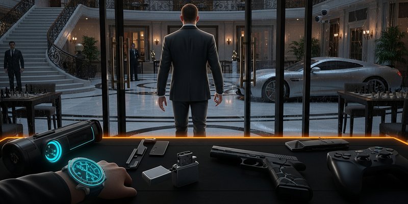 AI-generated cinematic editorial artwork of a young secret agent entering a luxury hotel with spy gadgets, rain, surveillance lights, and Game Ignite orange-cyan accents.