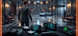 AI-generated cinematic editorial artwork of a young secret agent entering a luxury hotel with spy gadgets, rain, surveillance lights, and Game Ignite orange-cyan accents.