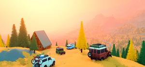 Official Steam screenshot from over the hill showing an off-road vehicle crossing a scenic wilderness trail.