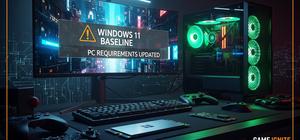 A cinematic Game Ignite-style image of a neon Cyberpunk PC rig beside a warning screen showing Windows 11 as the new baseline requirement.