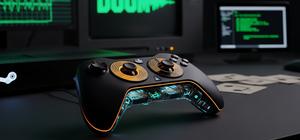 A matte-black game controller on a charcoal desk glowing with orange waveform rings from its haptic trackpads, with a Steam Deck and retro game screen in the background.