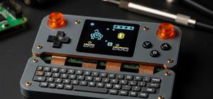 AI-generated editorial image of a custom Raspberry Pi Compute Module handheld with exposed PCB, OLED screen, micro keyboard, orange accents, and retro gaming tools on a dark workbench.