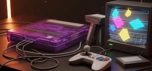 AI-generated cinematic image of a translucent retro console, three-pronged controller, cartridges, and CRT-style gaming setup with Game Ignite orange accents.