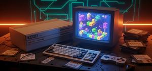 A glowing retro CRT monitor displaying an isometric 16-bit game next to an Amiga 500 computer and floppy disks.
