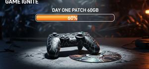 Editorial illustration of a cracked game controller and disc on a dark repair-bench with a glowing orange progress bar reading 'DAY ONE PATCH 60GB'.