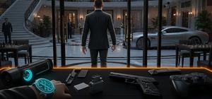 AI-generated cinematic editorial artwork of a young secret agent entering a luxury hotel with spy gadgets, rain, surveillance lights, and Game Ignite orange-cyan accents.
